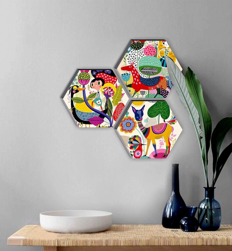 SAF Wood Set Of 3 Hexagon Kid'S Room Decor Modern Art 6Mm Mdf Uv Textured Home Decorative Gift Item 12 Inch X 12 Inch Abstract Painting Sanfhx17 - Image 2