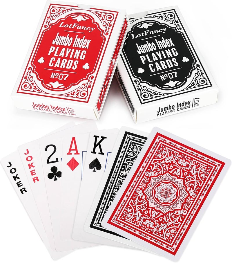 LotFancy Playing Cards 2 Pack, Large Print, Jumbo Index Decks of Cards (1 Black 1 Red), Poker Size, for Texas Hold'em, Blackjack, Euchre Cards Games - Image 1