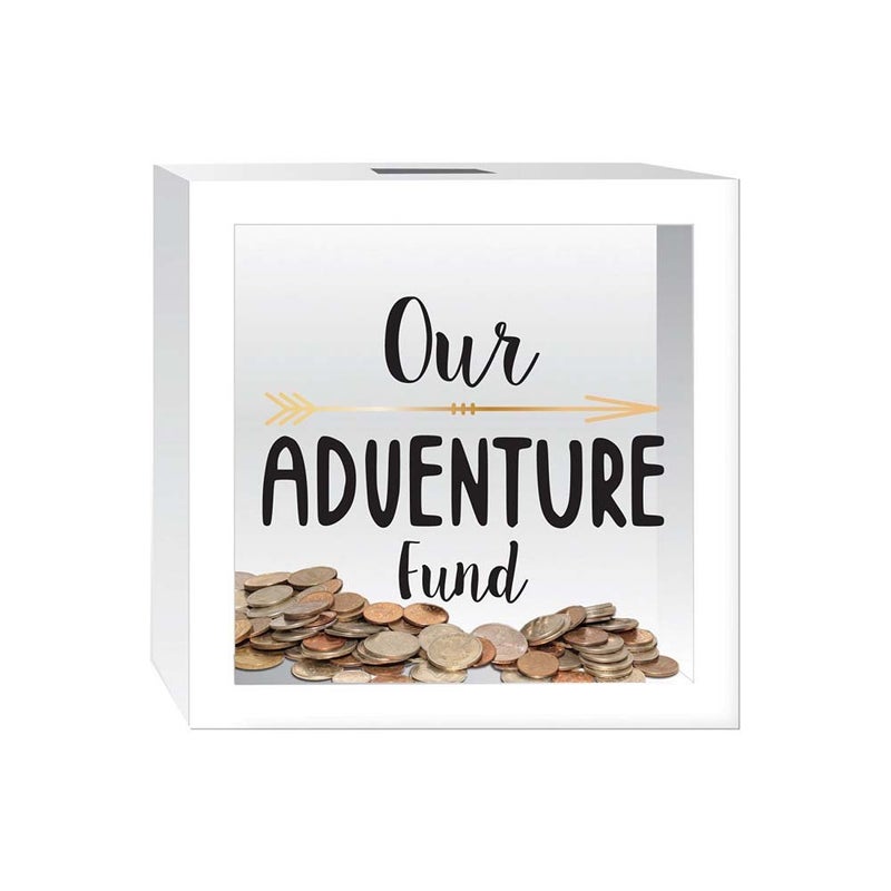 Prinz White Adventure Fund Money Savings Piggy Bank for Adults Kids Savings Box Change Jar 6 x 6 Wooden Shadow Box