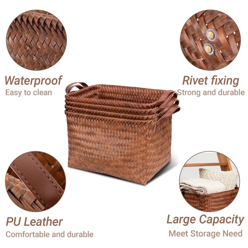 Stylave 15L Laundry Baskets Waterproof Storage Baskets For Shelves Large Laundry Hamper With Leather Handle -set of 4 Cube Organizers Woven Bins for Bathroom,Bedroom,Pantry,Clothes,Car & Towels-Brown - Image 4