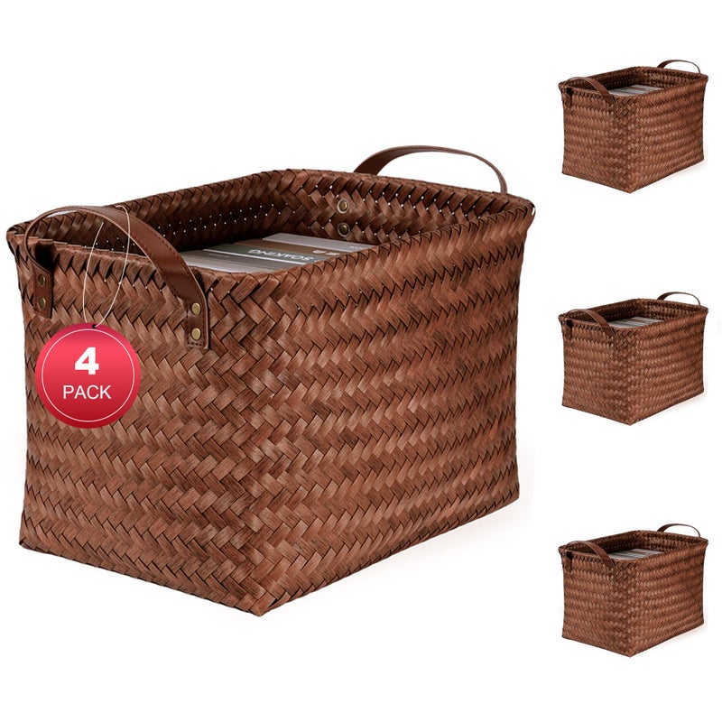 Stylave 15L Laundry Baskets Waterproof Storage Baskets For Shelves Large Laundry Hamper With Leather Handle -set of 4 Cube Organizers Woven Bins for Bathroom,Bedroom,Pantry,Clothes,Car & Towels-Brown - Image 1