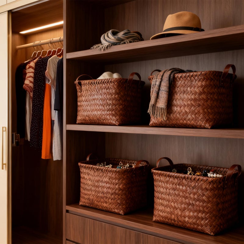 Stylave 15L Laundry Baskets Waterproof Storage Baskets For Shelves Large Laundry Hamper With Leather Handle -set of 4 Cube Organizers Woven Bins for Bathroom,Bedroom,Pantry,Clothes,Car & Towels-Brown - Image 2