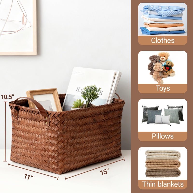 Stylave 15L Laundry Baskets Waterproof Storage Baskets For Shelves Large Laundry Hamper With Leather Handle -set of 4 Cube Organizers Woven Bins for Bathroom,Bedroom,Pantry,Clothes,Car & Towels-Brown - Image 3
