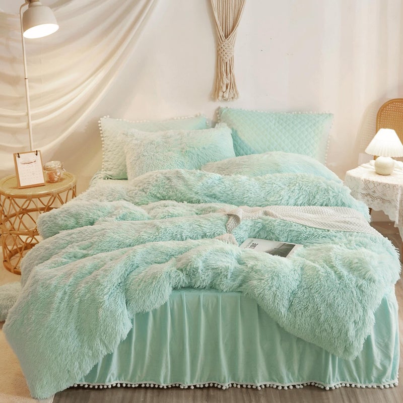HAIHUA Fuzzy Mint Green Comforter Cover Queen Set Soft Furry Plush Mint Green Bedding Queen Set 3 Pieces 1 Faux Fur Duvet Cover  2 Fluffy Pillow Cases Shaggy Bed Set Zipper Closure