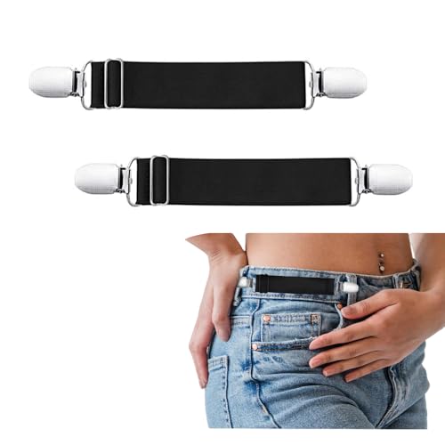 Obtheleg 2pcs Pant Waist Tightener, Adjustable Hip Elastic Belt Band Cinch Clip, No Sew Removable Belt Loops For Men Women Kids For Jeans Pants Shirt Dress Boot - 2.5 * 20cm (Black) - Image 1