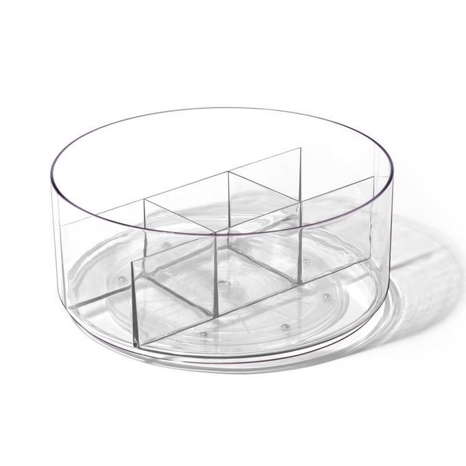 PLASTIC ROUND TURNTABLE ORGANIZER WITH 5 COMPARTMENTS CLEAR SPINNING DIVIDED TURNTABLE CONTAINER ROTATING ORGANIZER STORAGE FOR BOTTLE CONDIMENTS FRIDGE KITCHEN COUNTER PANTRY BATHROOM