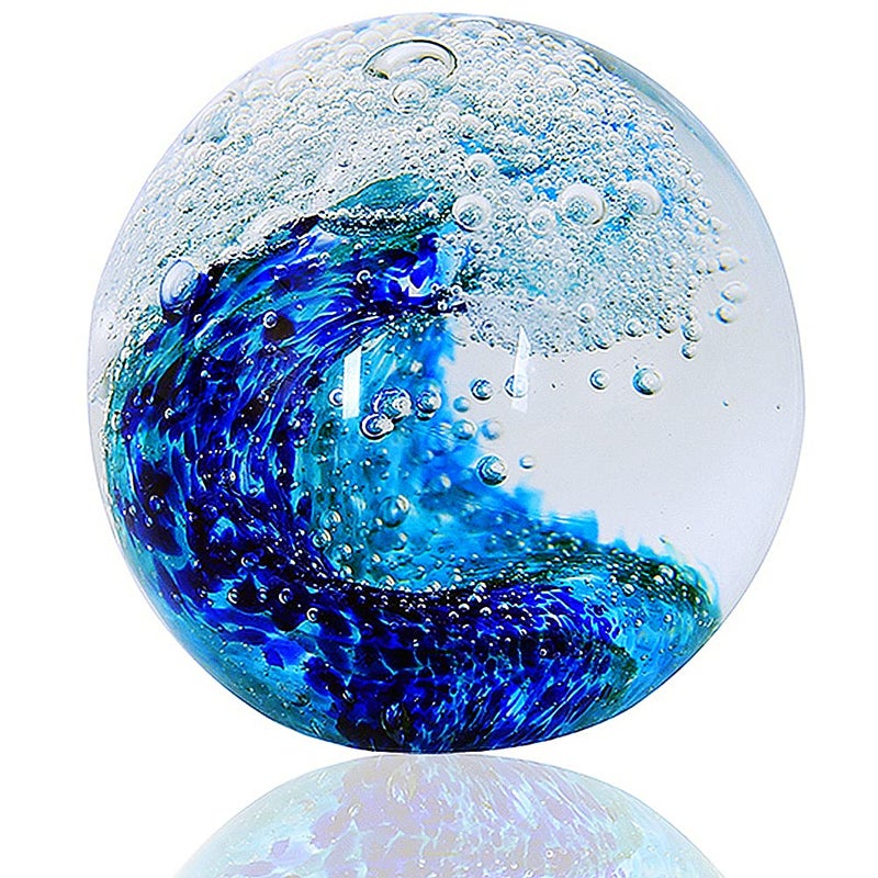 EUSTUMA Hand Blown Glass Figurines Ball Ocean Waves,Paperweight Glass Ball,Home Decor Collectible,Aquarium Decor,Office Decor Ocean Lovers (Ocean Waves) - Image 1