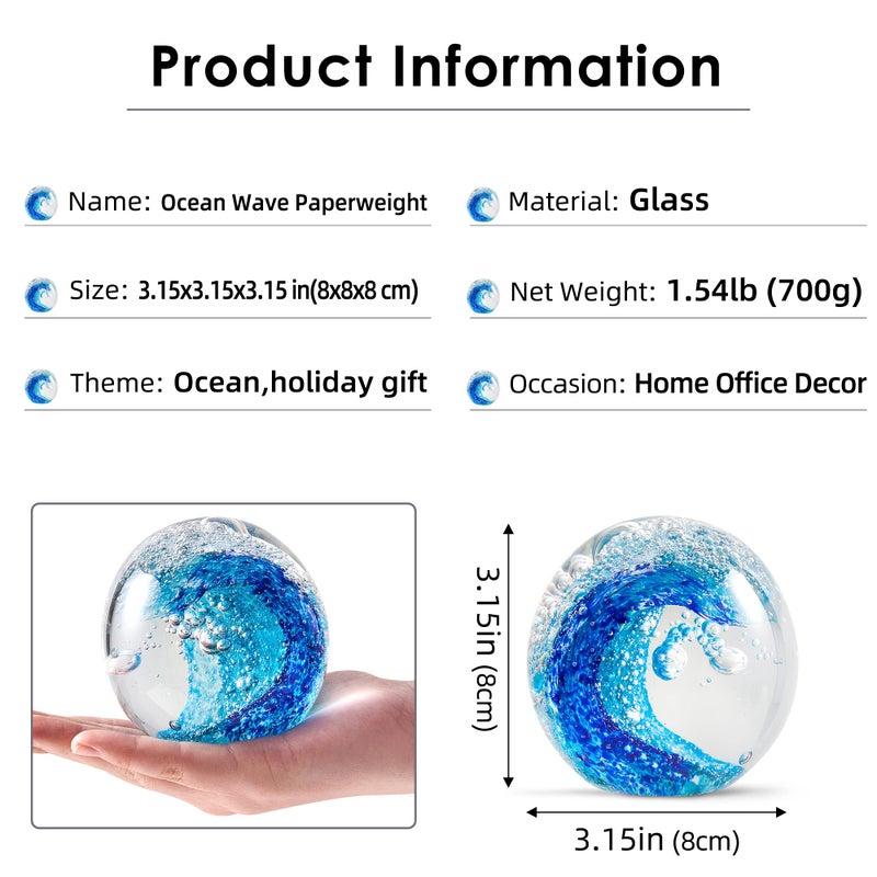 EUSTUMA Hand Blown Glass Figurines Ball Ocean Waves,Paperweight Glass Ball,Home Decor Collectible,Aquarium Decor,Office Decor Ocean Lovers (Ocean Waves) - Image 2