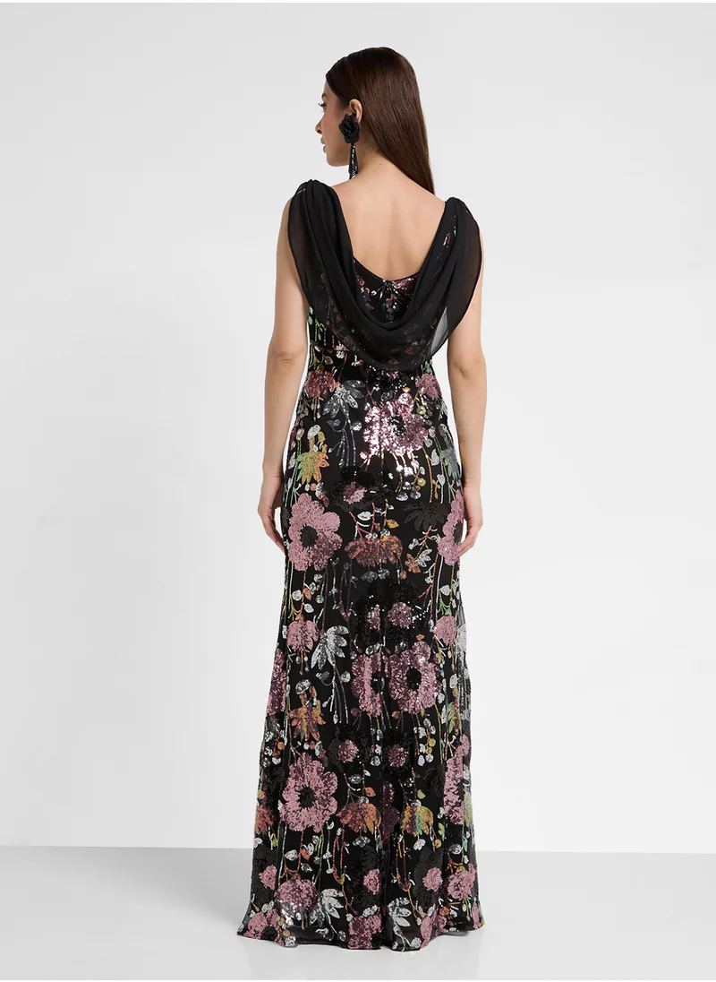 Ella Limited Edition Floral Shimmer Dress With Back Cowl