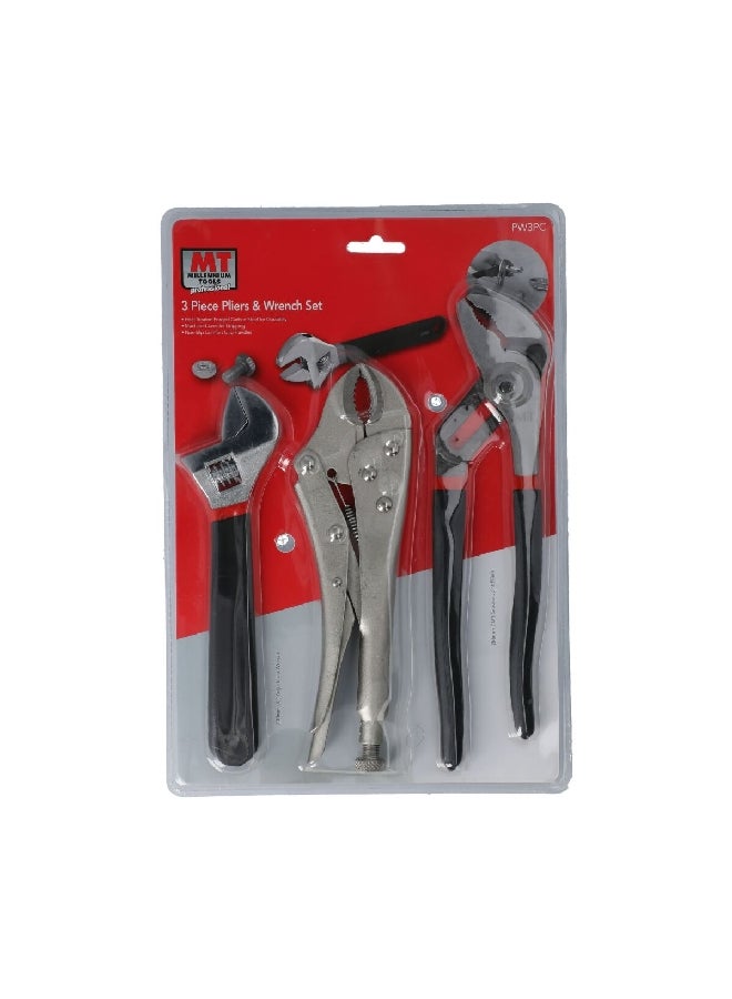 MT Tools 3-Piece Plier and Wrench Set Silver and Black PW3PC