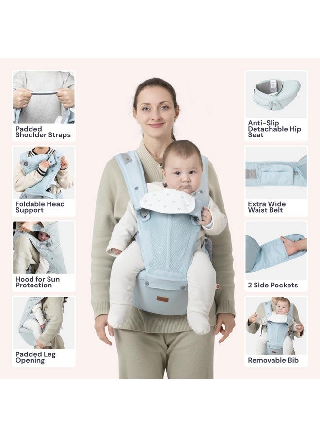 BabbleRoo 6-in-1 Baby Carrier with Hip Seat, Ergonomic, Cozy & Adjustable Toddler Carrier 7-50 lbs with Hip & Lumbar Support, Hood for Sun Protection, Baby Carrier Newborn to Toddler, Seafoam - Image 2