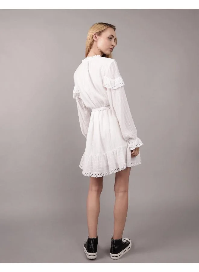 American Eagle AE Long-Sleeve Button-Up Ruffle Mini Dress