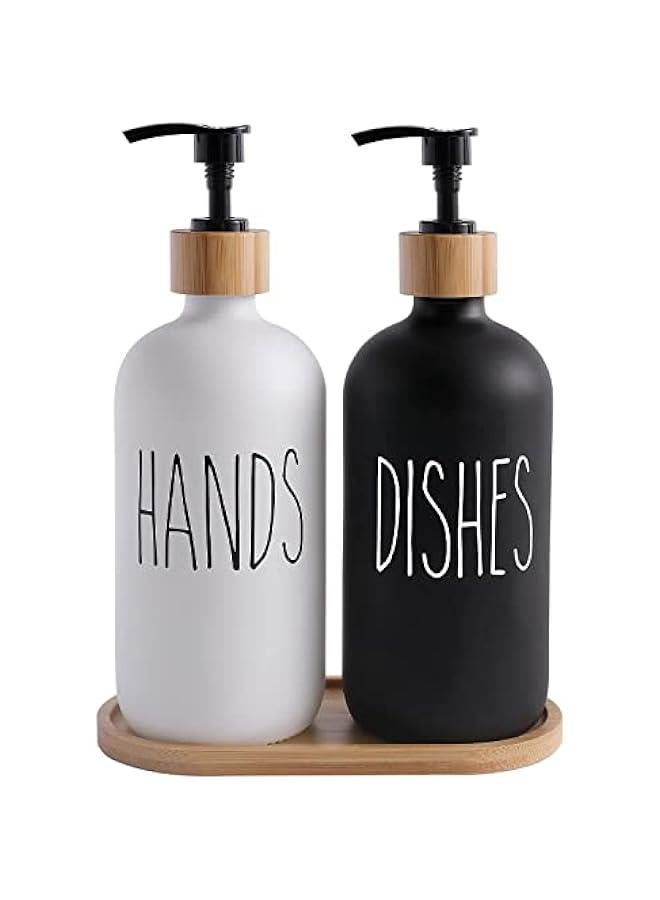 HOOKOR Soap Dispenser Bathroom Set- Hand Soap and Dish Soap Dispenser Set with Tray - Glass Bathroom Soap Dispenser Set Pump -Farmhouse Bathroom Decor,Bathroom Accessories  - Image 1