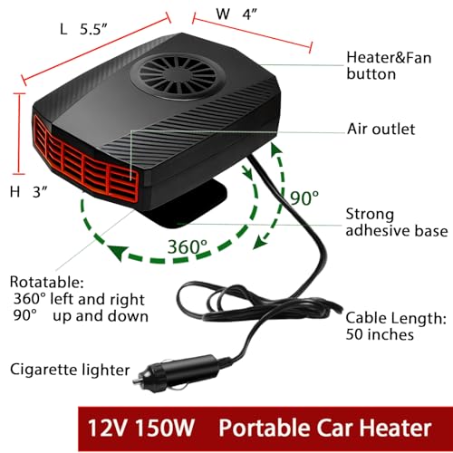 Fidensis 12V Car Heater (Cigarette Lighter Plug) - 360° Rotatable Vehicle Heater, 150W Dashboard Car Heater - Image 4