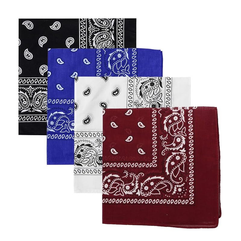 DIKHAWA Unisex Soft Breathable Cotton Paisley Printed Cowboy Bandanas,Headband,Scarf (BLACK,ROYAL BLUE,WHITE,BURGUNDY_50CM X 50CM_Pack of 4) - Image 1