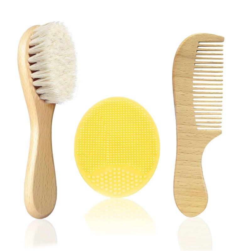 Molylove Baby Hair Brush With Wooden Handle And Comb Set For Newborns & Toddlers | Natural Soft Goat Bristles L Wood Comb L Yellow Silicone Brush| Ideal For Cradle Cap (3Pcs) - Image 1