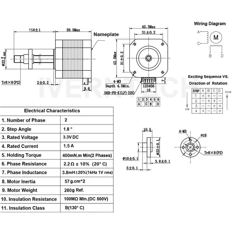 REES52 NEMA 17 Stepper Motor with Integrated 150mm T8 Lead Screw for RepRap Prusa i3 3D Printers Z Axis or CNC Machine - Image 3