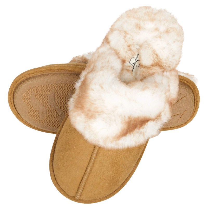 Jessica Simpson Women's Comfy Faux Fur House Slipper Scuff Memory Foam Slip on Anti-Skid Sole, Tan, Medium - Image 1