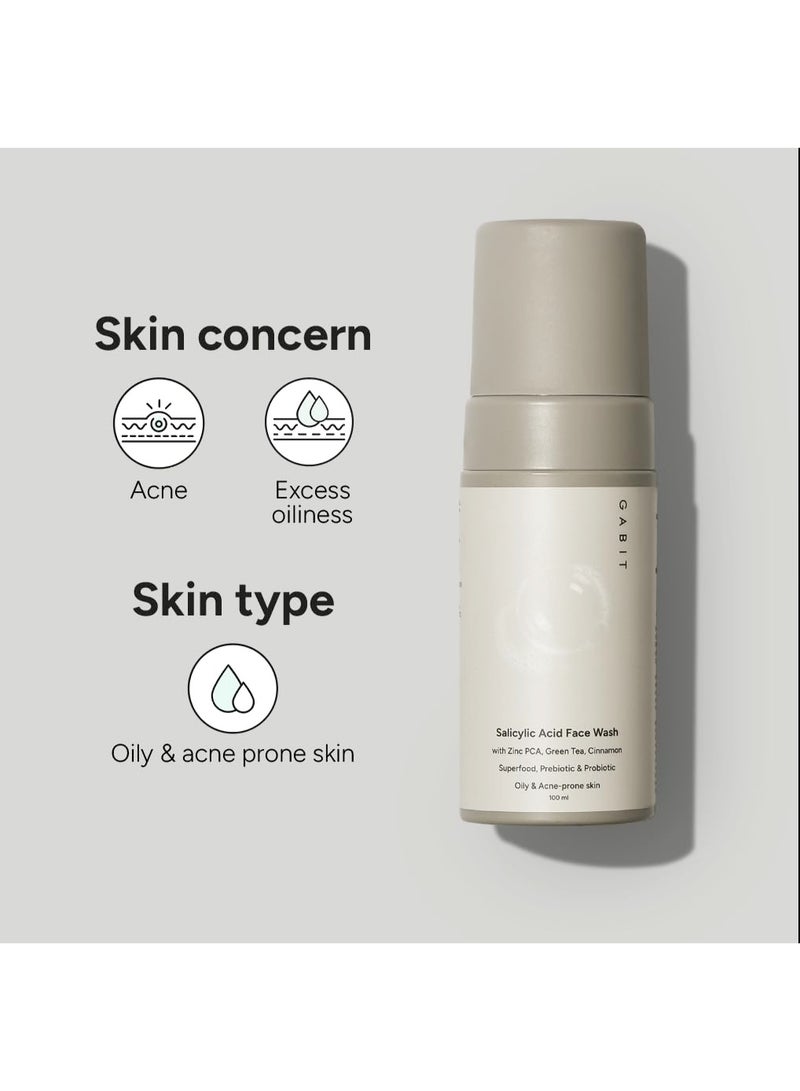 GABIT Salicylic Acid Face Wash for Oily, Acne Prone Skin | Deeply Cleanse Pores, Exfoliates & Non-drying | Green Tea, ProVitamin B5, Zinc PCA | For Men & Women | Free of Sulphates, Soap & Oil | 100 ml - Image 2