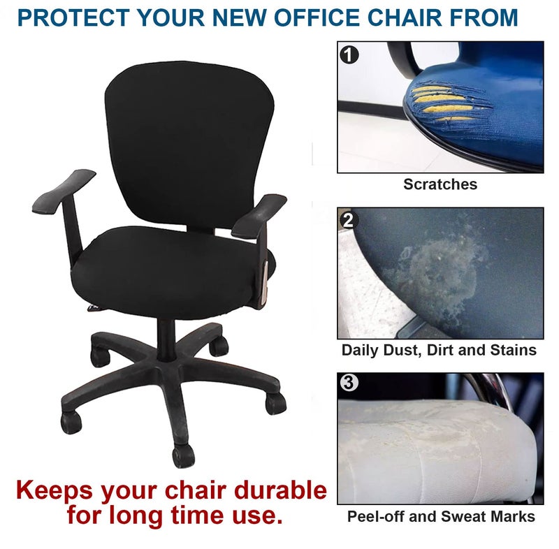 HOTKEI 3 Piece Black Office Chair Cover with Headrest Cover 200GSM Fabric Stretchable Stain Proof Office Computer Desk Executive Rotating Seat Covers Slipcover Protector for Office Chair - Image 3
