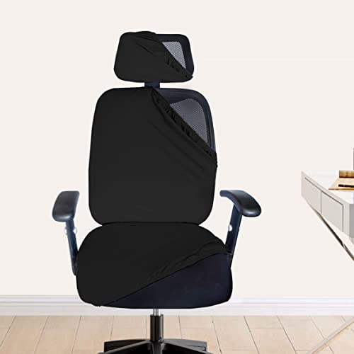 HOTKEI 3 Piece Black Office Chair Cover with Headrest Cover 200GSM Fabric Stretchable Stain Proof Office Computer Desk Executive Rotating Seat Covers Slipcover Protector for Office Chair - Image 1