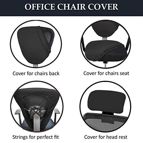 HOTKEI 3 Piece Black Office Chair Cover with Headrest Cover 200GSM Fabric Stretchable Stain Proof Office Computer Desk Executive Rotating Seat Covers Slipcover Protector for Office Chair - Image 2