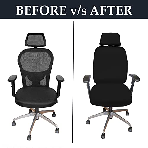 HOTKEI 3 Piece Black Office Chair Cover with Headrest Cover 200GSM Fabric Stretchable Stain Proof Office Computer Desk Executive Rotating Seat Covers Slipcover Protector for Office Chair - Image 4
