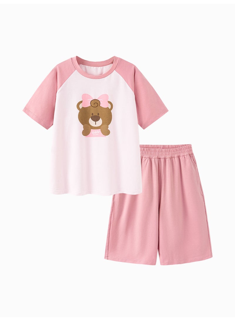 ميني بالا نقطة أزرار طفل غريبة جنسًا بطبعة دب كرتونية لطيفة بأكمام قصيرة وقصر، قطعة ناعمة وقابلة للتنفس، أكمام راجلان متناقضة، حزام خصر مرن، مثالية للارتداء اليومي وللأرتداء الخفيف والأنشطة الداخلية مجموعة فستان طفل للمنزل - Image 4