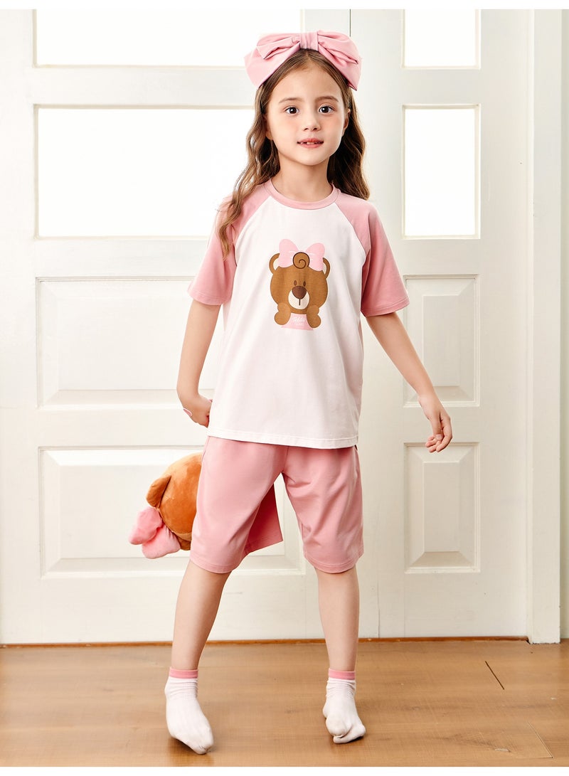 ميني بالا نقطة أزرار طفل غريبة جنسًا بطبعة دب كرتونية لطيفة بأكمام قصيرة وقصر، قطعة ناعمة وقابلة للتنفس، أكمام راجلان متناقضة، حزام خصر مرن، مثالية للارتداء اليومي وللأرتداء الخفيف والأنشطة الداخلية مجموعة فستان طفل للمنزل - Image 1