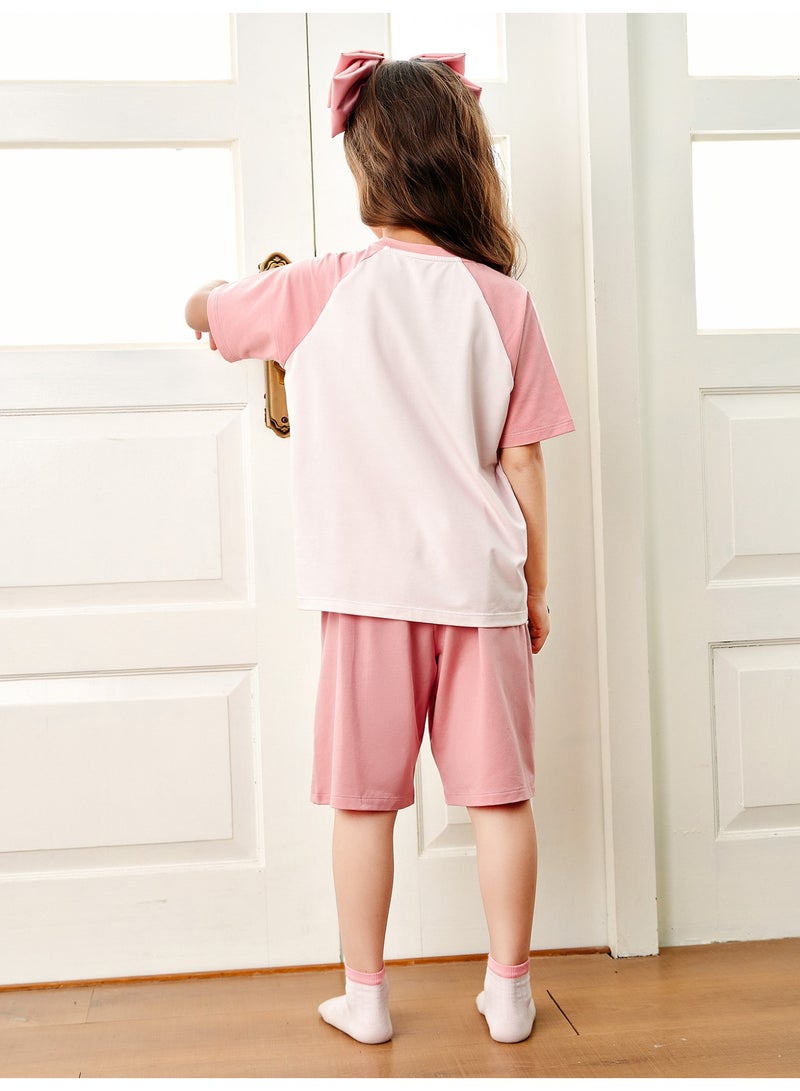 ميني بالا نقطة أزرار طفل غريبة جنسًا بطبعة دب كرتونية لطيفة بأكمام قصيرة وقصر، قطعة ناعمة وقابلة للتنفس، أكمام راجلان متناقضة، حزام خصر مرن، مثالية للارتداء اليومي وللأرتداء الخفيف والأنشطة الداخلية مجموعة فستان طفل للمنزل - Image 3