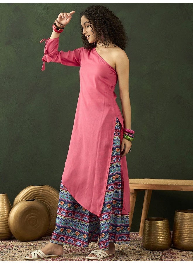 AKS Tribal Printed One-Shoulder Fusion Kurta with Palazzos  - Image 5
