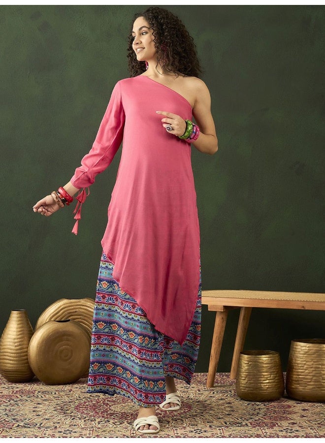 AKS Tribal Printed One-Shoulder Fusion Kurta with Palazzos  - Image 1