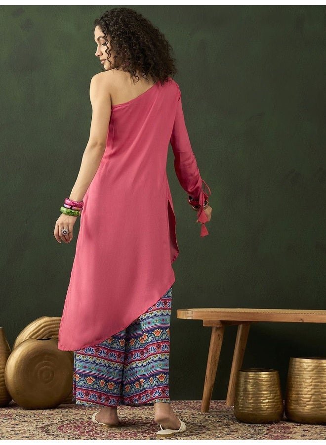 AKS Tribal Printed One-Shoulder Fusion Kurta with Palazzos  - Image 4