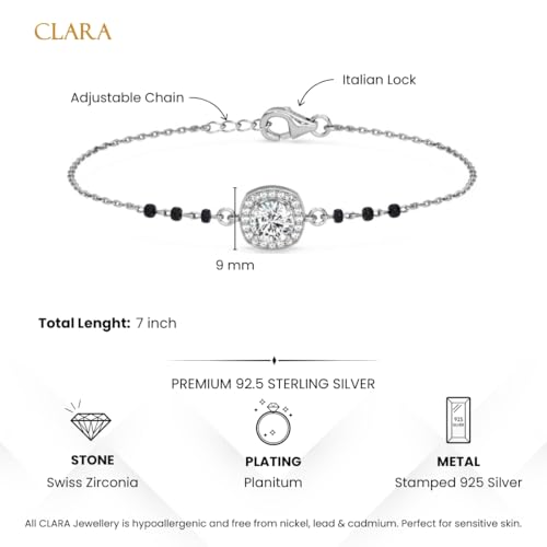 Clara 925 Sterling Silver Urja Solitaire Hand Mangalsutra Adjustable Bracelet With Black Beads Chain | Platinum Plated, Swiss Zirconia | Gift For Wife - Image 5