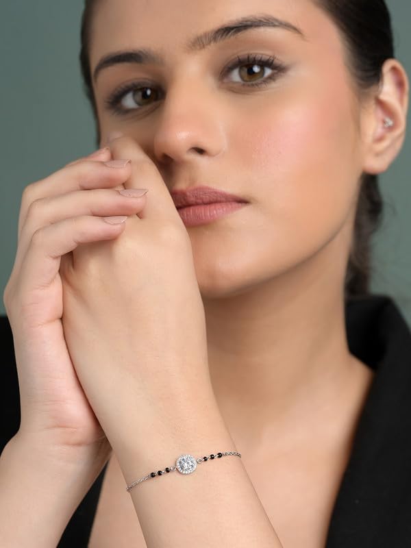 Clara 925 Sterling Silver Urja Solitaire Hand Mangalsutra Adjustable Bracelet With Black Beads Chain | Platinum Plated, Swiss Zirconia | Gift For Wife - Image 3