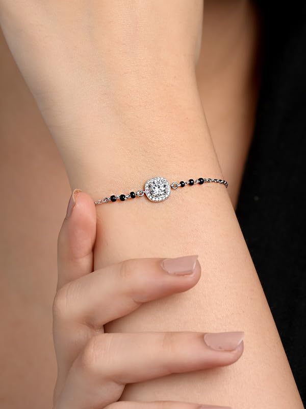 Clara 925 Sterling Silver Urja Solitaire Hand Mangalsutra Adjustable Bracelet With Black Beads Chain | Platinum Plated, Swiss Zirconia | Gift For Wife - Image 4