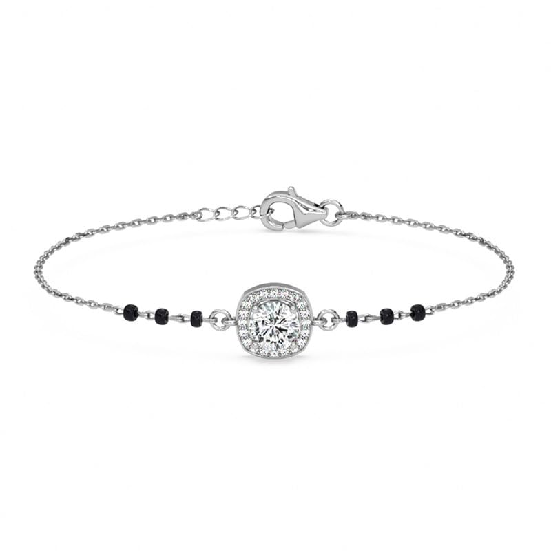 Clara 925 Sterling Silver Urja Solitaire Hand Mangalsutra Adjustable Bracelet With Black Beads Chain | Platinum Plated, Swiss Zirconia | Gift For Wife - Image 1