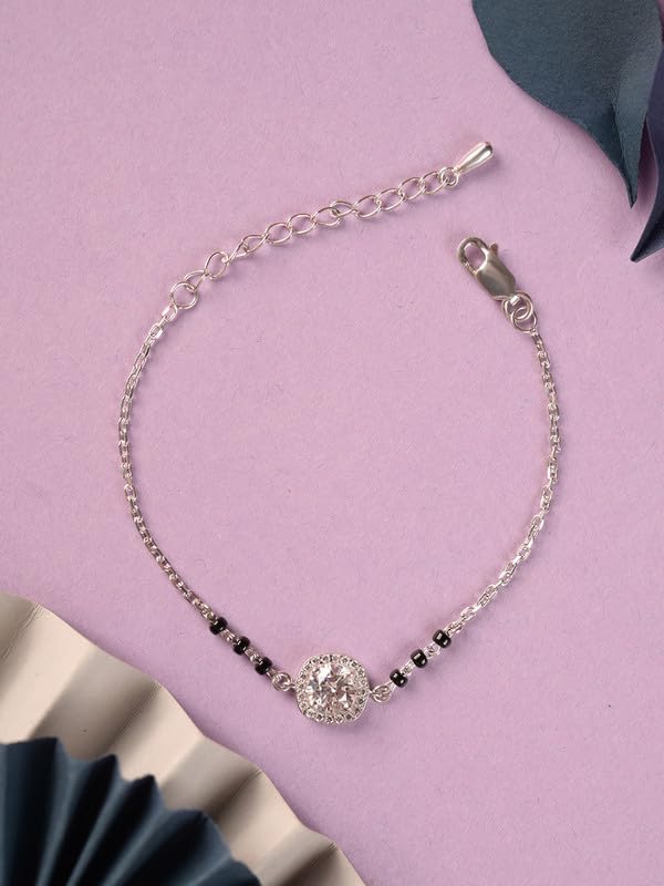 Clara 925 Sterling Silver Urja Solitaire Hand Mangalsutra Adjustable Bracelet With Black Beads Chain | Platinum Plated, Swiss Zirconia | Gift For Wife - Image 2