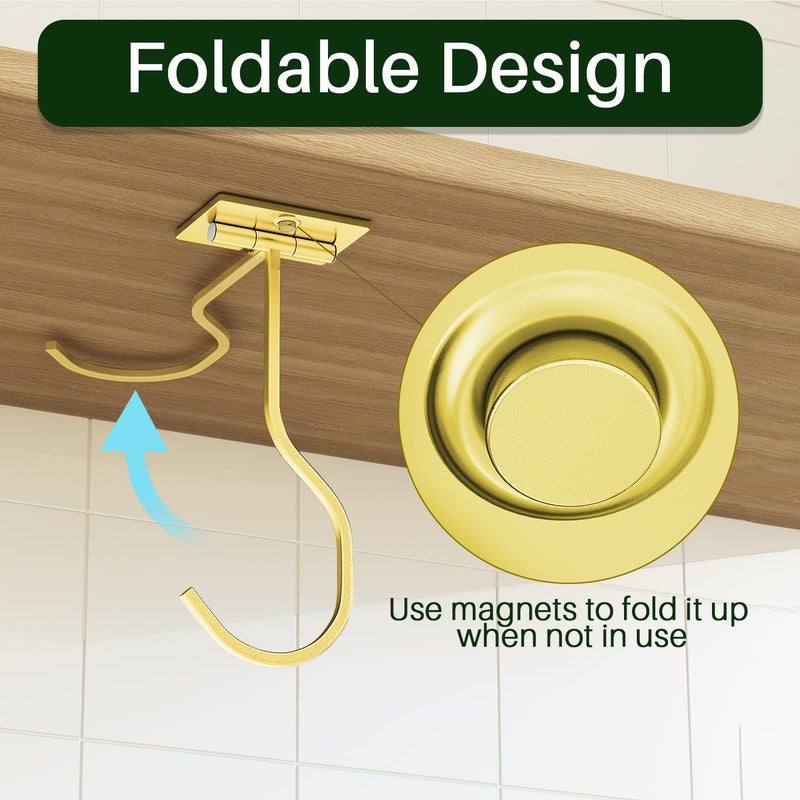 bussdis Adhesive Banana Hook Under Cabinet: 2-Pack Foldable Metal Banana Hanger, Space-Saving Under Counter Banana Holder for Kitchen & RV, Gold - Image 2