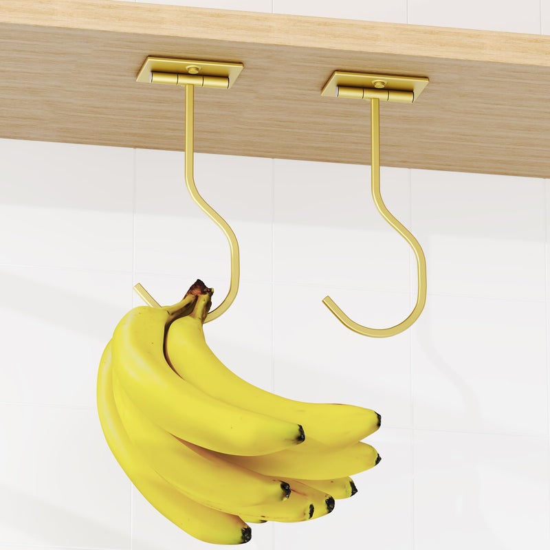 bussdis Adhesive Banana Hook Under Cabinet: 2-Pack Foldable Metal Banana Hanger, Space-Saving Under Counter Banana Holder for Kitchen & RV, Gold - Image 3