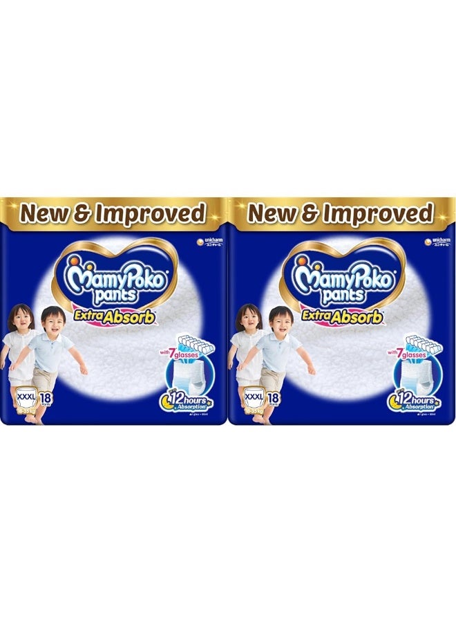 MamyPoko Pants Extra Absorb Baby Diapers, XXX-Large (XXXL), 18 Count, 18-35 kg (Pack of 2)