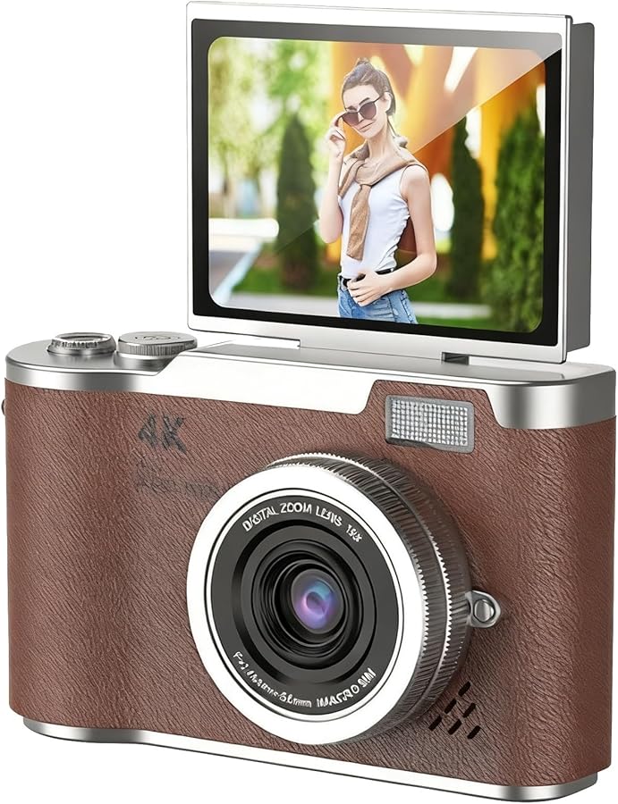 4K CCD Digital Camera 48MP Compact 180 Flip Screen 8X Zoom 4K Video Brown 32G - Image 2