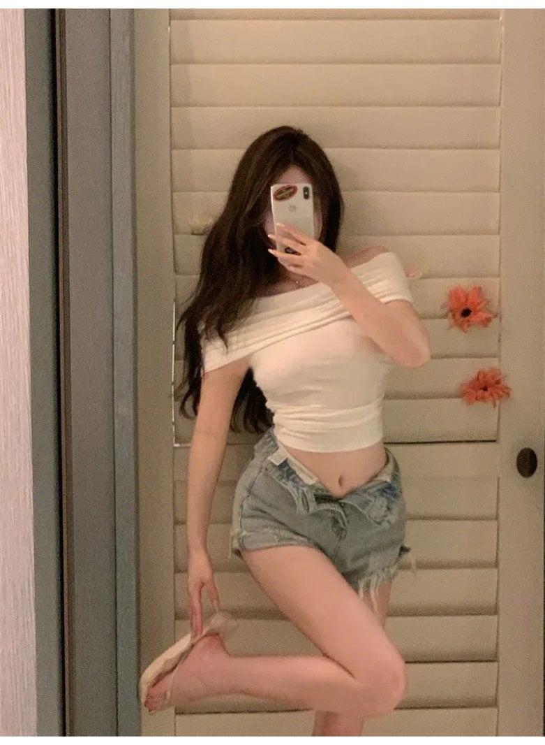 Off-shoulder T-shirt Slim Fit Slim Tight Waist Short Top Hot Girl Bottoming Shirt For - Image 2