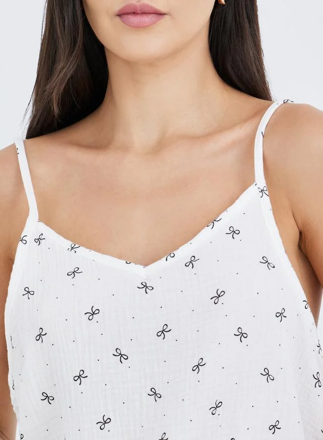 Styli Styli All-Over Bow Print Cotton Gauze Ruffle Hem Cami and Pyjama Set