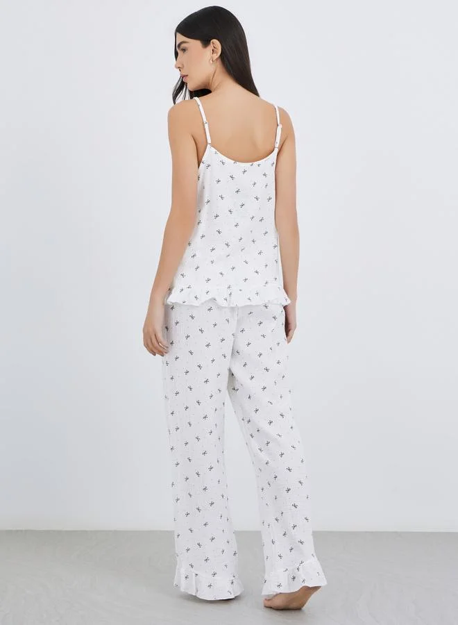 Styli Styli All-Over Bow Print Cotton Gauze Ruffle Hem Cami and Pyjama Set