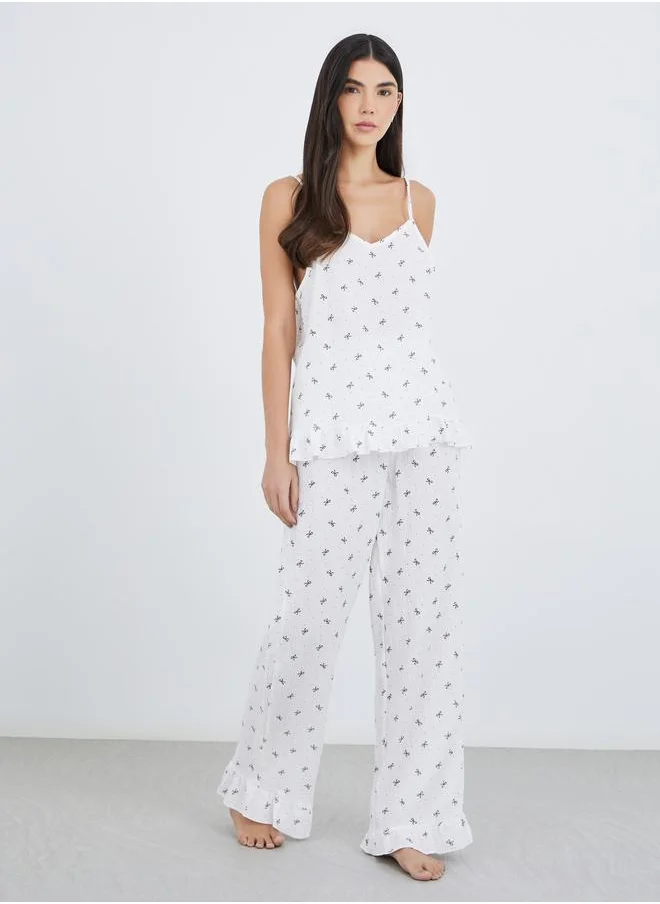 ستايلي Styli All-Over Bow Print Cotton Gauze Ruffle Hem Cami and Pyjama Set