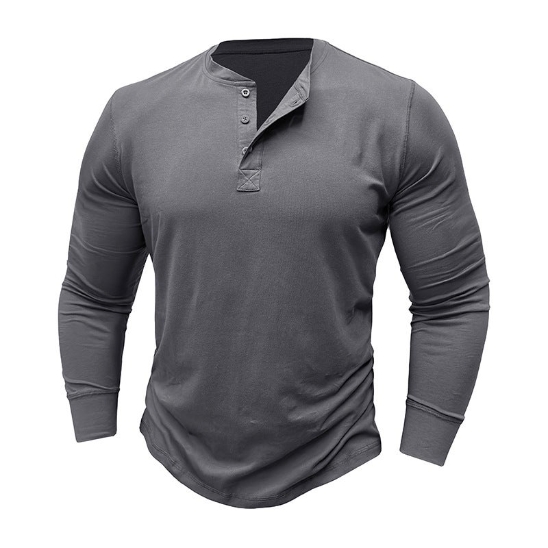 Men's long-sleeved T-shirt cotton men's bottoming shirt men's Henley lining top - Image 1