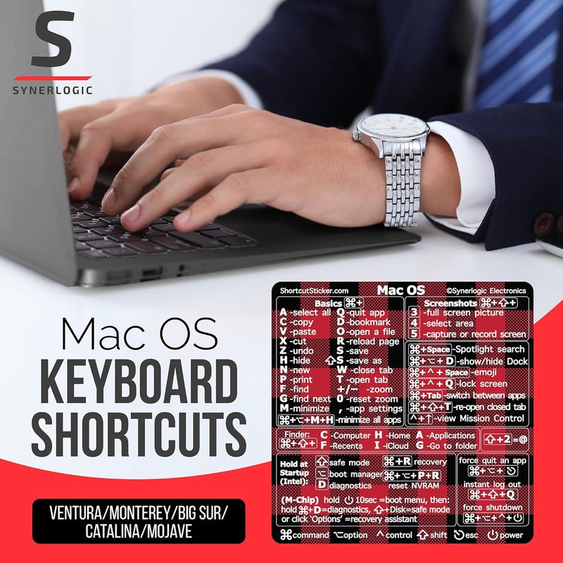 Synerlogic (قطعتان) ملصق اختصارات Mac OS لـ Air/Pro | ملصقات لوحة المفاتيح لنظام macOS | ورقة غش من الفينيل المصفح لـ MacBook | اختصارات MacBook 2026 (نمط البوفالو بليد/عبوة من قطعتين) - Image 2