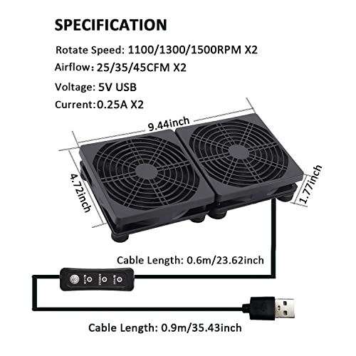 PANO-MOUNTS 120mmx2 240mm USB PC Router Cooling Fan with Speed Controller - 5V High Airflow Computer Fan for PC, PlayStation, Modem, DVR, TV Box and Other Electronics - Image 4