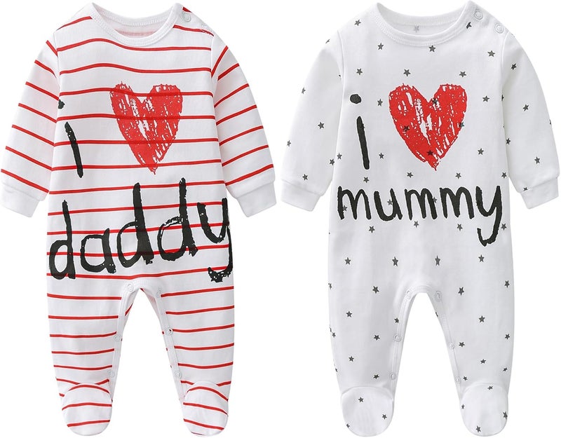 AOMOMO 2-Pack Baby Clothes Newborn Bodysuits I Love Daddy &Mummy Romper, Cotton Footed Pajamas for Baby Boys and Girls - Image 1